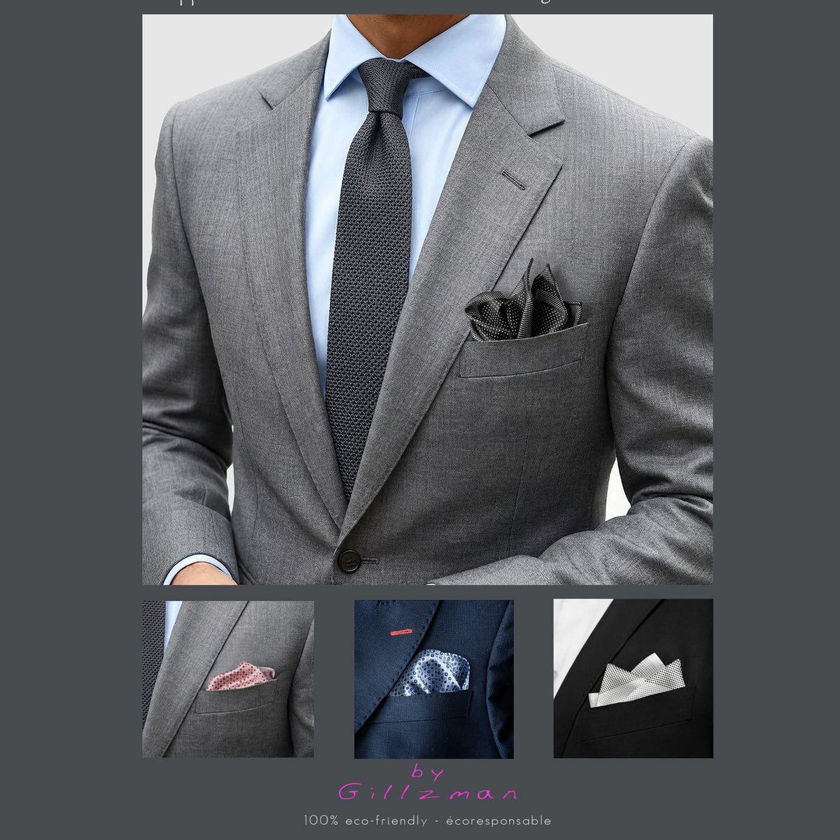 Man wearing a gray suit with a pocket square, featuring Mili Mils branding.